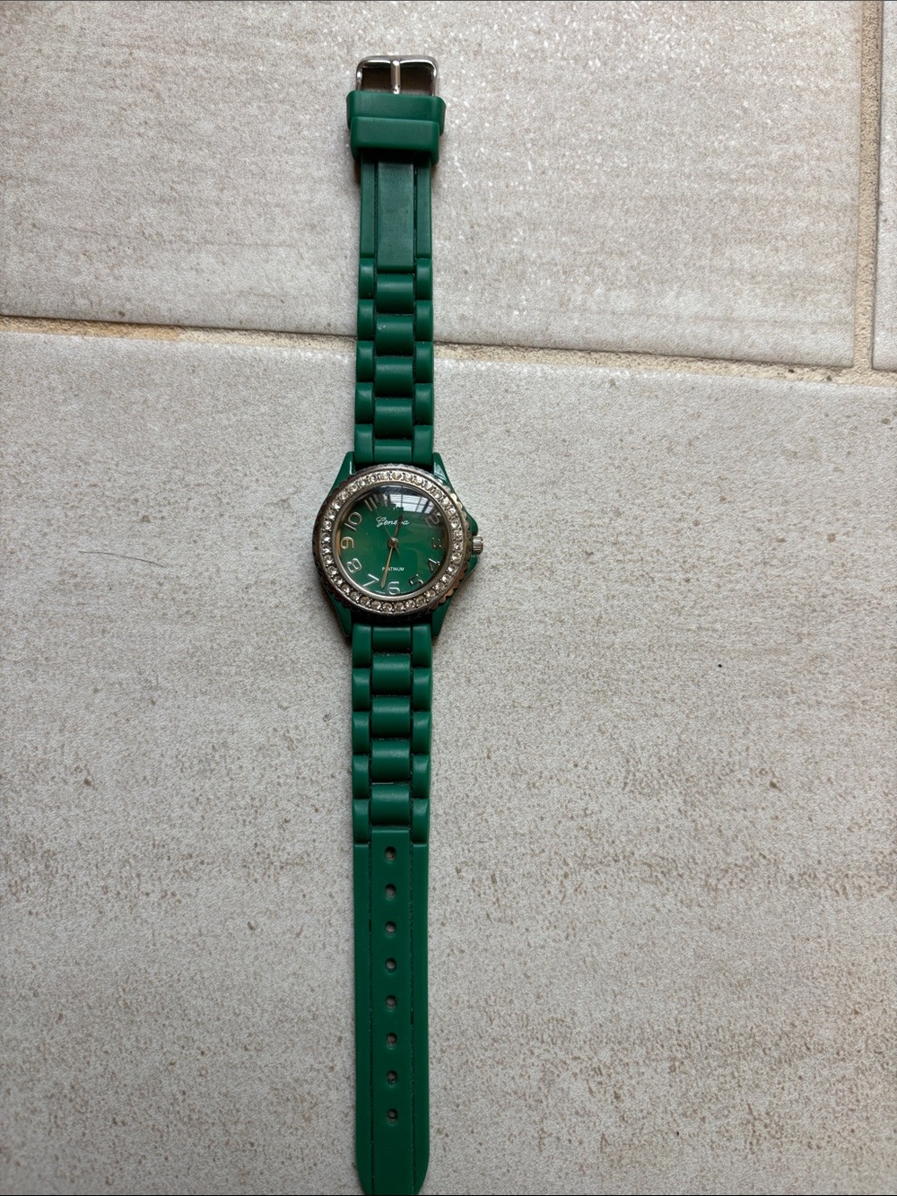 Geneva “platinum “ emerald Green Women's Silicone Crystal Bezel Watch